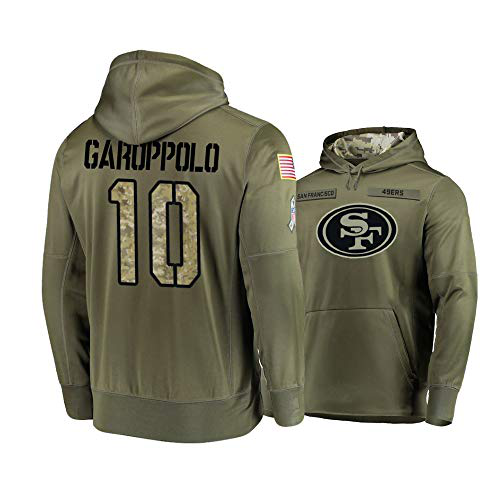 Men's San Francisco 49ers #10 Jimmy Garoppolo 2019 Olive Salute To Service Sideline Therma Performance Pullover Hoodie